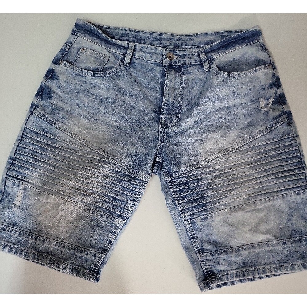Southpole‎ Denim Shorts Acid Wash Moto Style Ribbed Knee Distressed